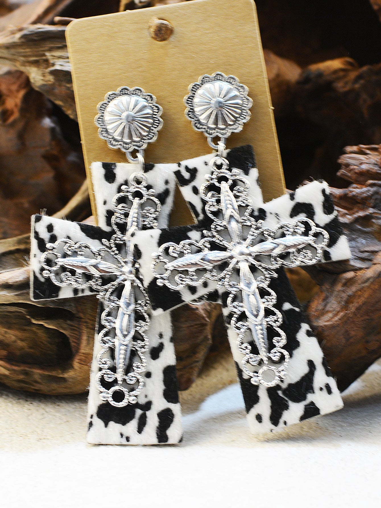 Wholesale of Western Wind Cow Pattern Turquoise Alloy Horseshoe Leopard Pattern Cross Leather Earrings